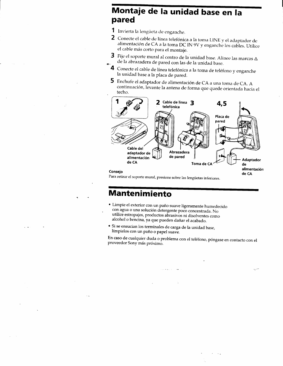 Montaje de la unidad base en la pared, Mantenimiento | Sony SPP-SS951 User Manual | Page 28 / 31