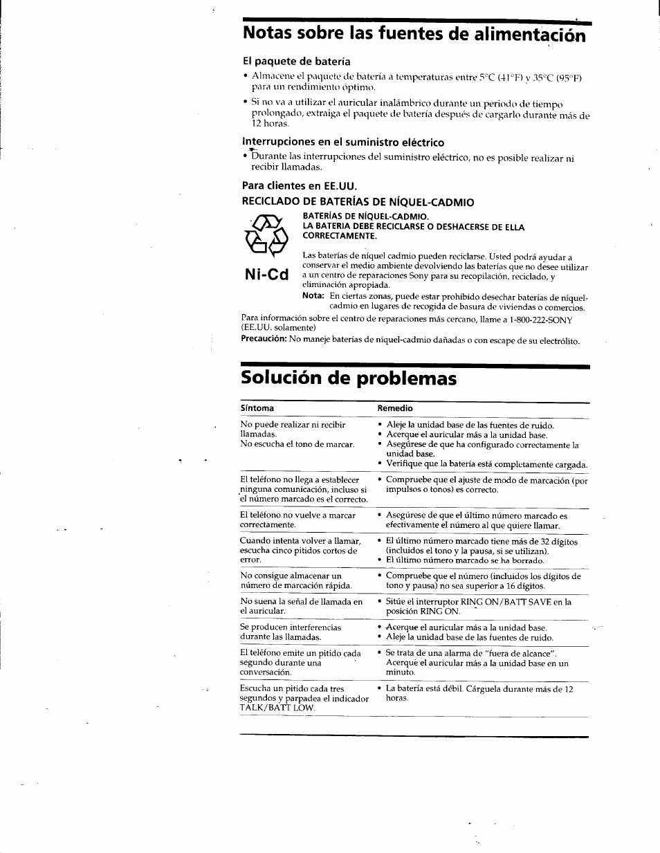Notas sobre las fuentes de alimentación, El paquete de batería, Interrupciones en el suministro eléctrico | Para clientes en ee.uu, Reciclado de baterías de níquel-cadmio, Ni-cd, Solución de problemas | Sony SPP-SS951 User Manual | Page 30 / 31