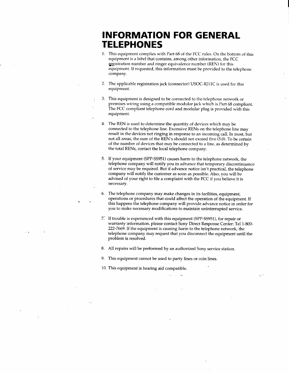 Information for general telephones | Sony SPP-SS951 User Manual | Page 4 / 31