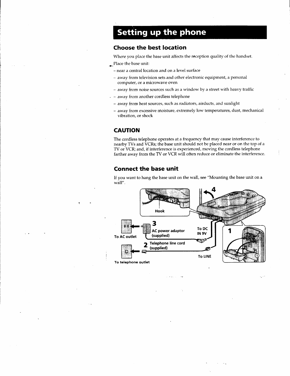 Setting up the phone, Choose the best location, Caution | Connect the base unit | Sony SPP-SS951 User Manual | Page 6 / 31