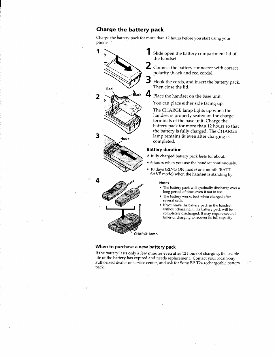 Charge the battery pack, Battery duration, When to purchase a new battery pack | Sony SPP-SS951 User Manual | Page 8 / 31