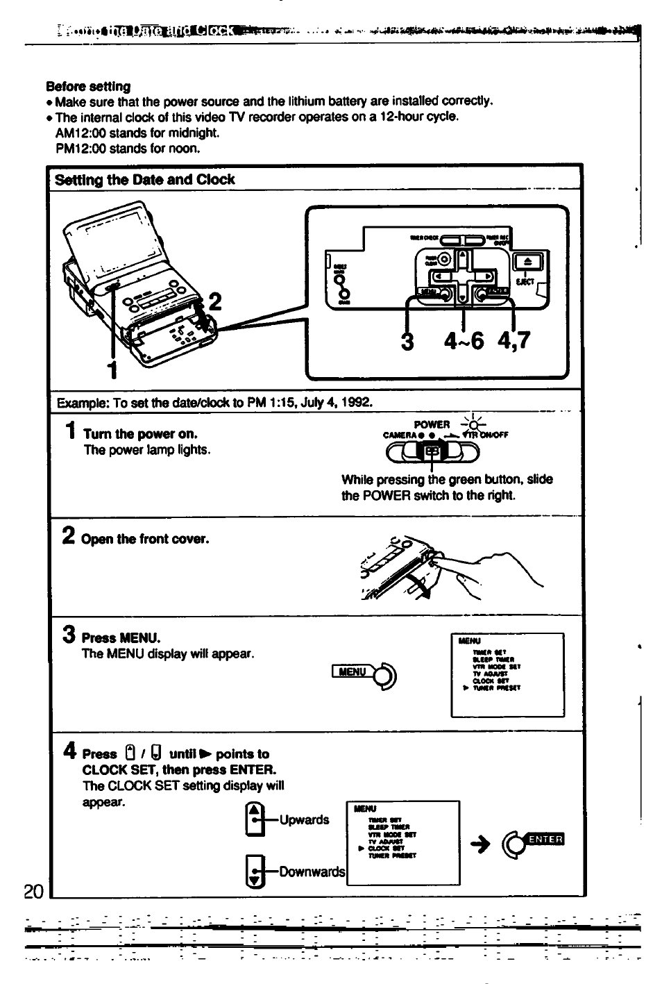 Setting the date and clock, Setting the date and dock | Sony GV-500 User Manual | Page 20 / 84