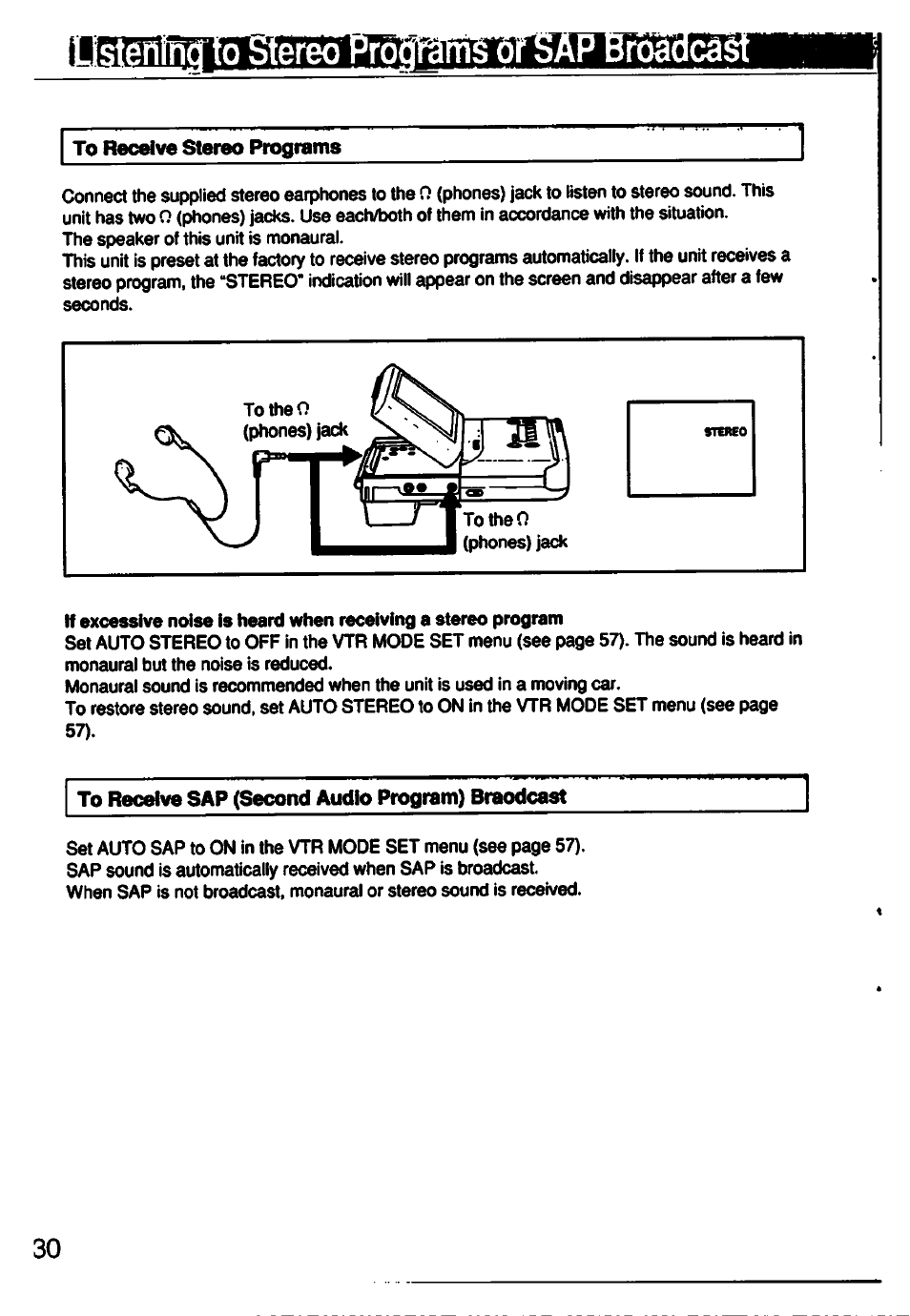 To receive stereo programs, To recelvo sap (second audio program) braodcast | Sony GV-500 User Manual | Page 30 / 84