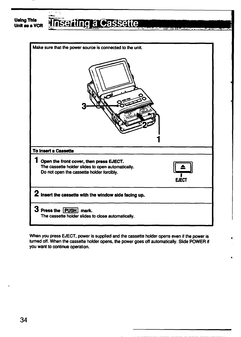 Using this unitasavcr, Eject | Sony GV-500 User Manual | Page 34 / 84