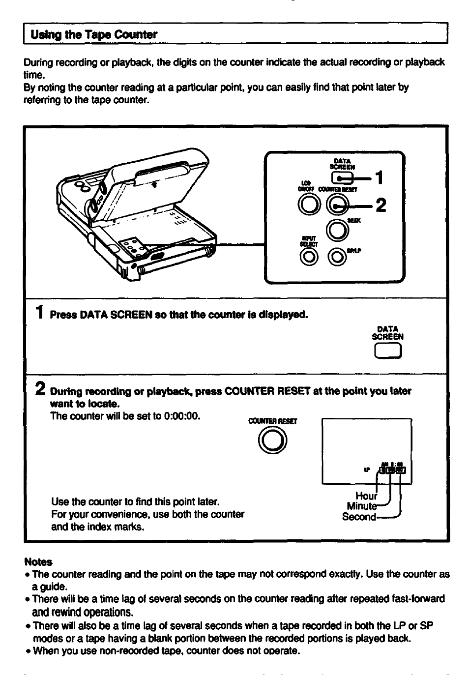 Using the tape counter, Notes, And rewind operations | Sony GV-500 User Manual | Page 39 / 84