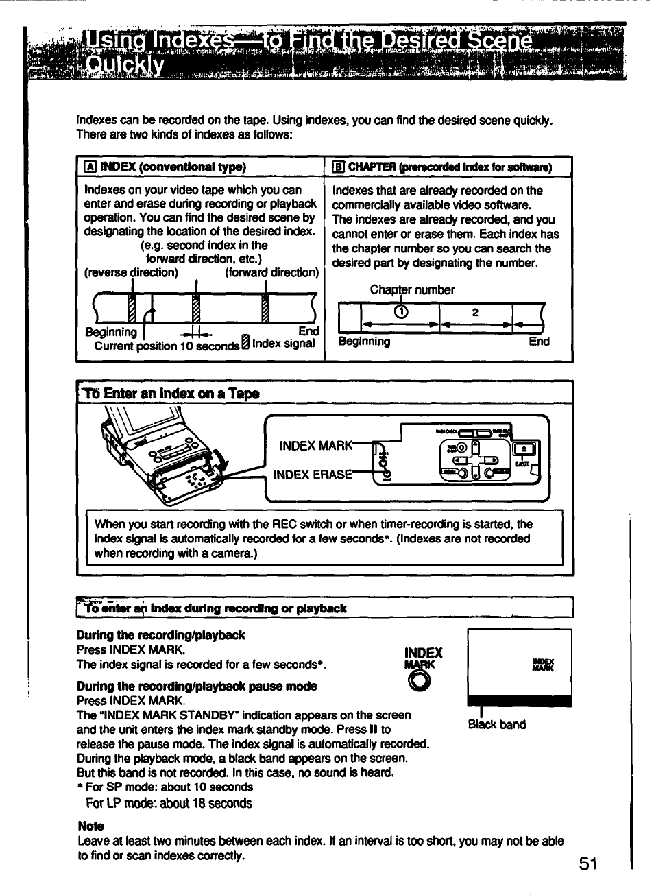 S index (conventional type), Center ap index during recording or playback, During the recording/playback | For lp mode-, about 18 seconds, Note, Tb enter an index on a tape | Sony GV-500 User Manual | Page 51 / 84