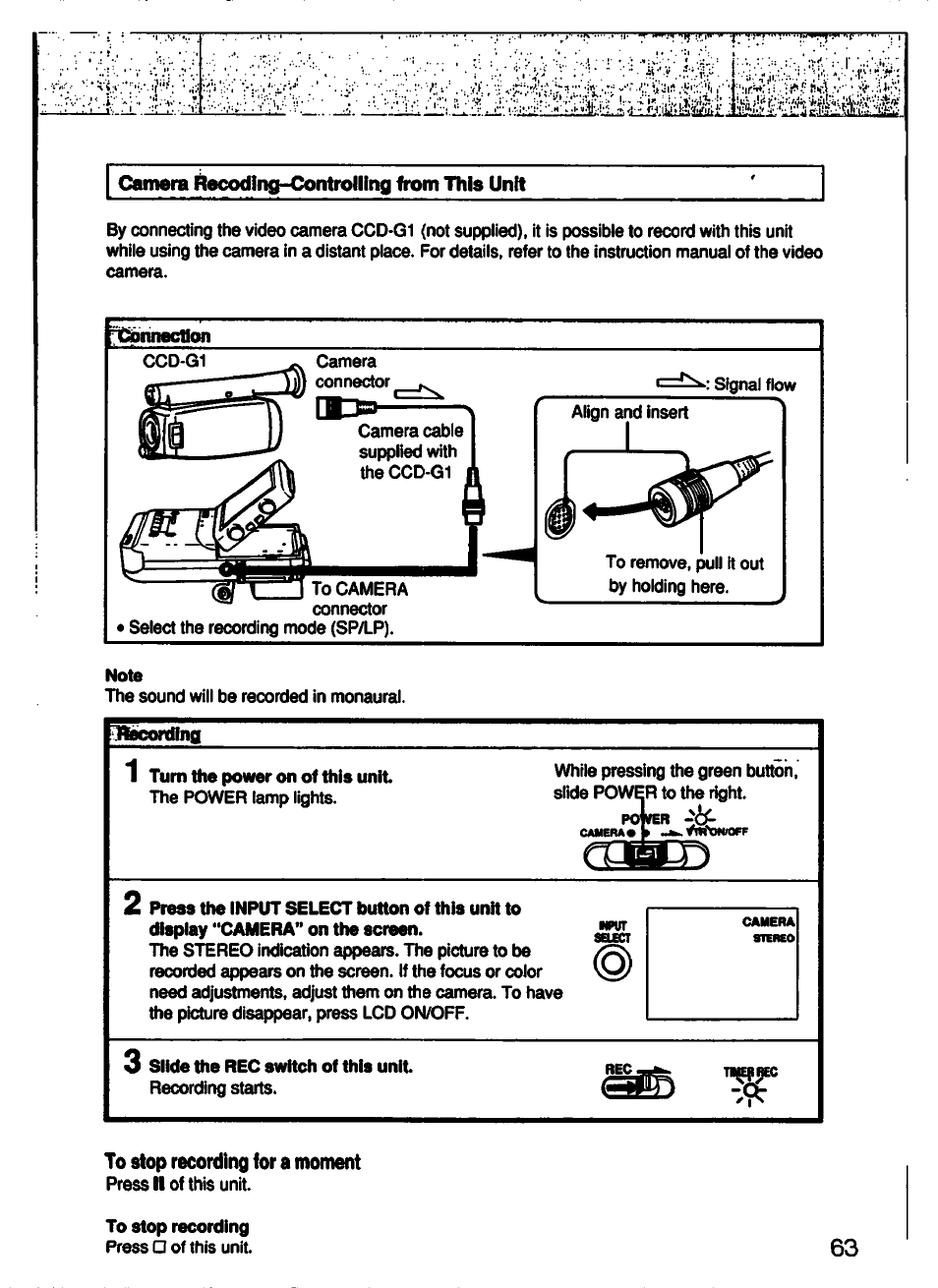 Camera recoding-controlling from this unit, To stop recording for a moment, Deiiss | Press ii of this unit | Sony GV-500 User Manual | Page 63 / 84