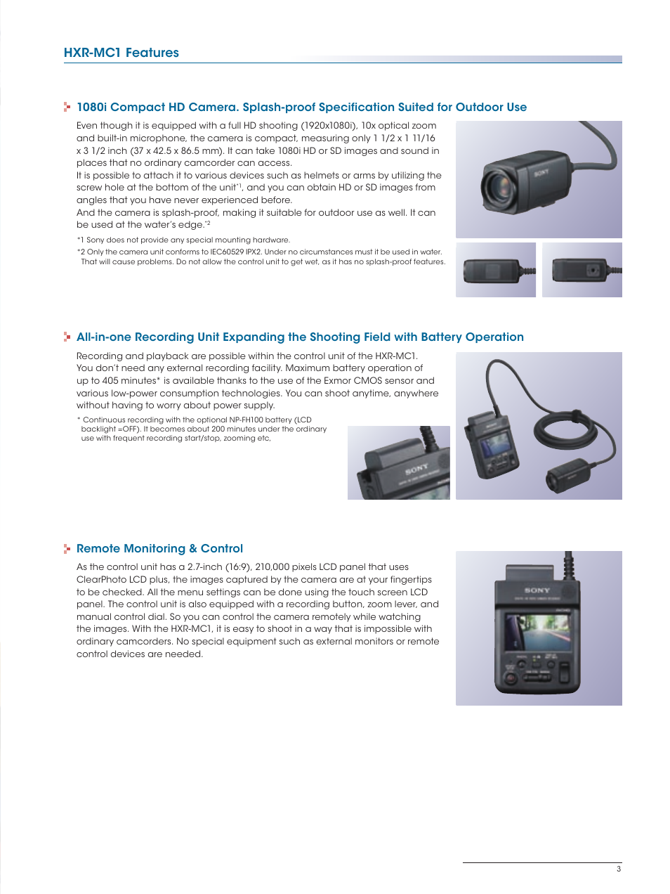 Hxr-mc1 features, Remote monitoring & control | Sony HXR-MC1 User Manual | Page 3 / 8
