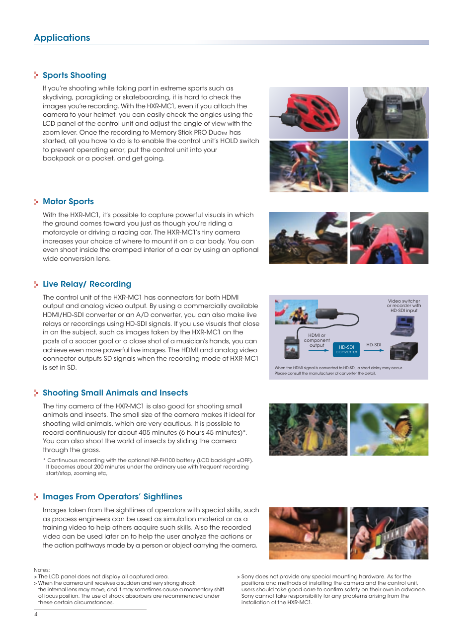 Applications, Sports shooting, Motor sports | Live relay/ recording, Shooting small animals and insects, Images from operators’ sightlines | Sony HXR-MC1 User Manual | Page 4 / 8