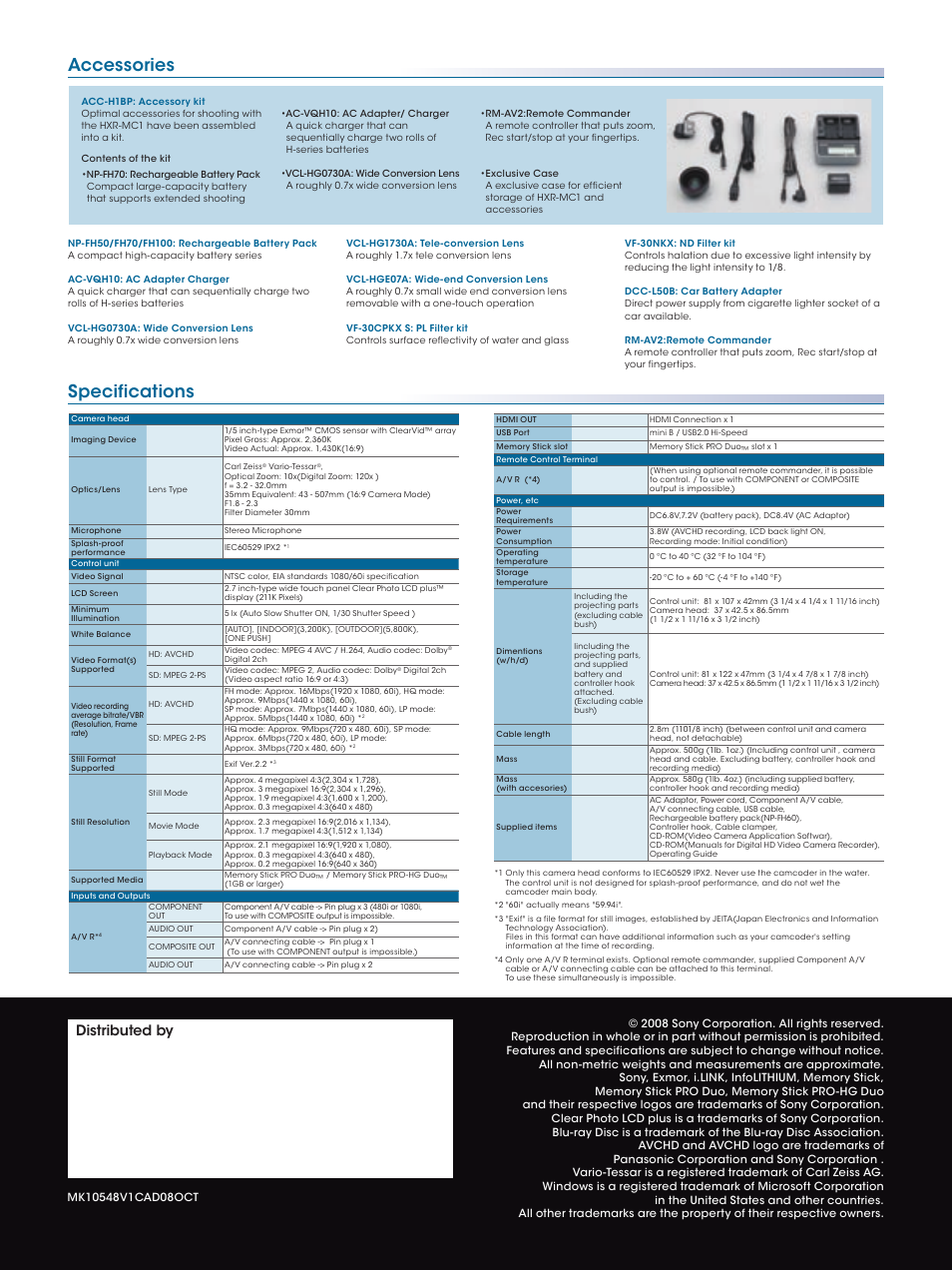 Accessories specifications, Distributed by | Sony HXR-MC1 User Manual | Page 8 / 8