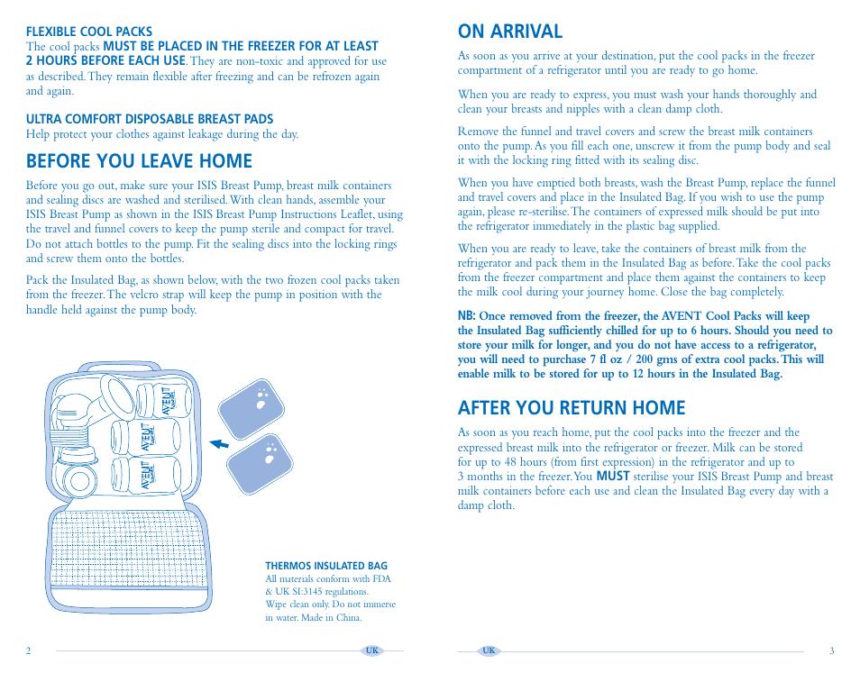 On arrival, After you return home, Before you leave home | Avent Isis Breast Pump User Manual | Page 3 / 8