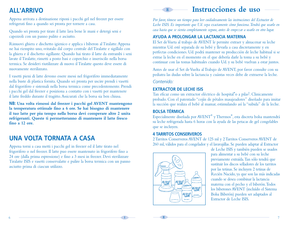 Instrucciones de uso, All'arrivo, Una volta tornata a casa | Avent Isis Breast Pump User Manual | Page 5 / 8