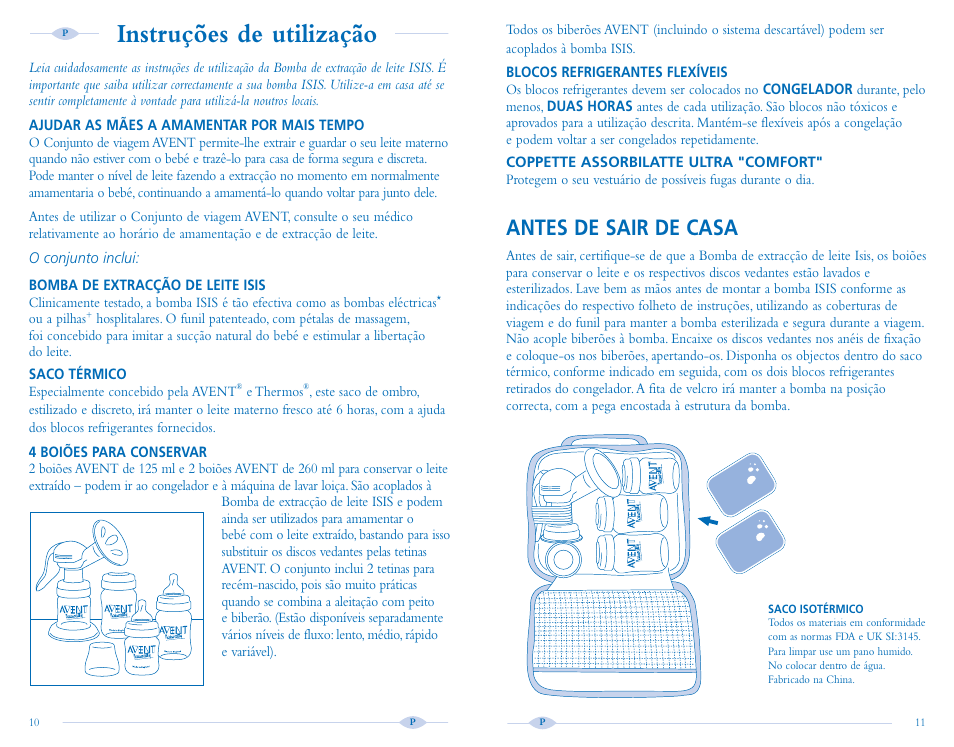 Instruções de utilização, Antes de sair de casa | Avent Isis Breast Pump User Manual | Page 7 / 8