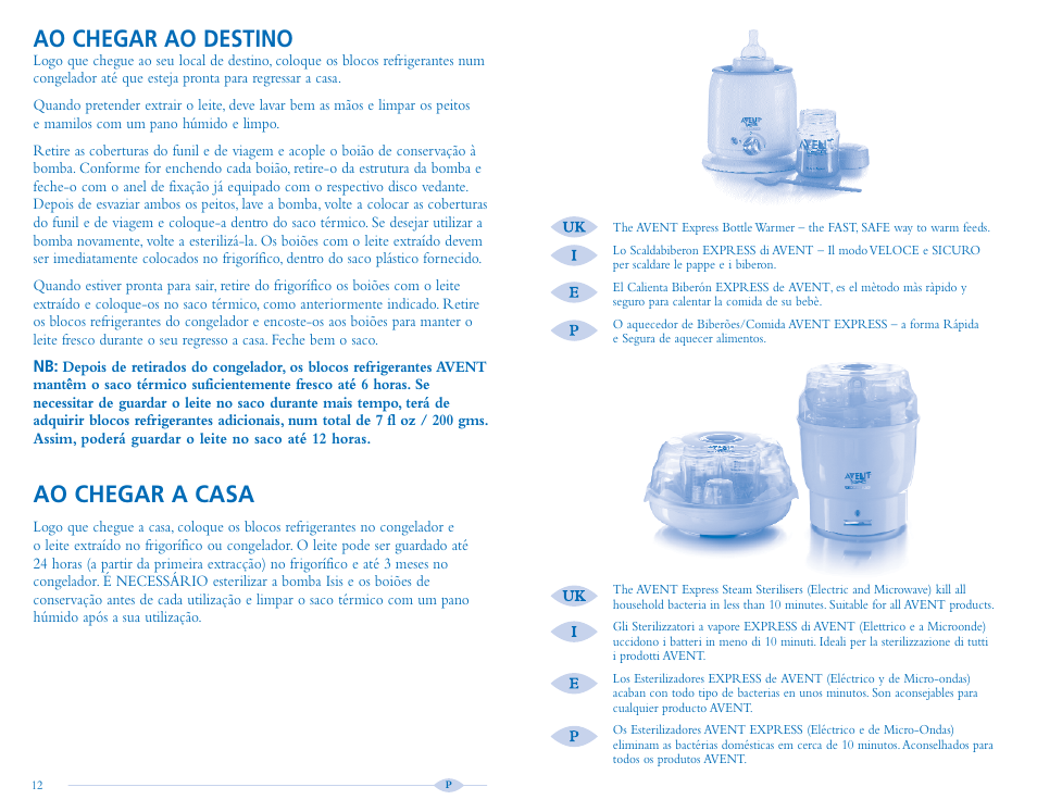 Ao chegar ao destino, Ao chegar a casa | Avent Isis Breast Pump User Manual | Page 8 / 8