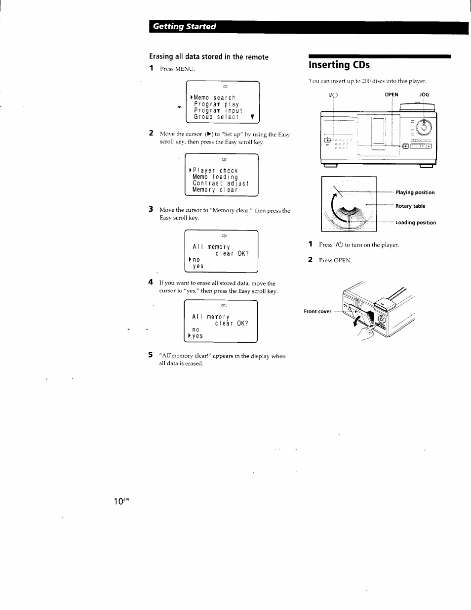 Erasing all data stored in the remote, Inserting cds, Getting started | Sony CDP-CX88ES User Manual | Page 10 / 34