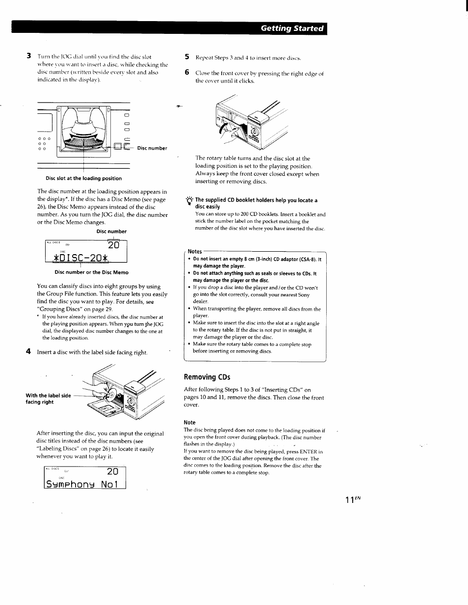 Removing cds, 20 ;kdisc-20)|c, 2g nol | Getting started | Sony CDP-CX88ES User Manual | Page 11 / 34