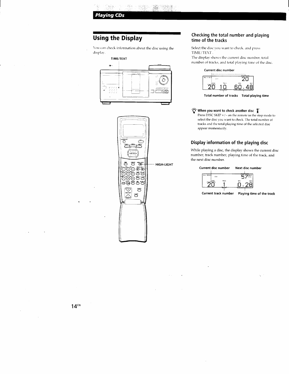 Using the display, Display information of the playing disc, Playing | Sony CDP-CX88ES User Manual | Page 14 / 34