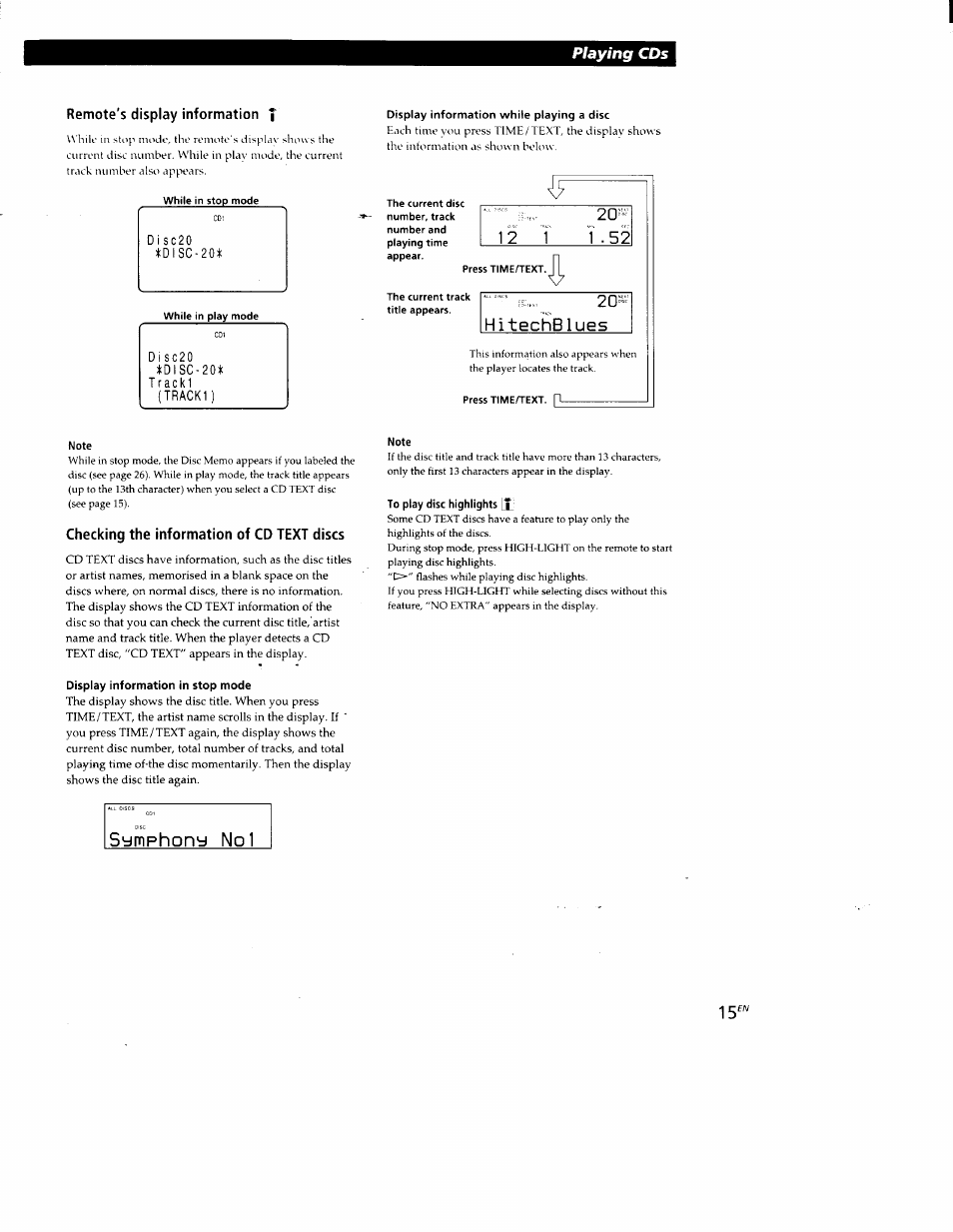 Remote's display information t, Checking the information of cd text discs, Hitechblues | Symphorvd nol, Playing cds, 1 2 l | Sony CDP-CX88ES User Manual | Page 15 / 34