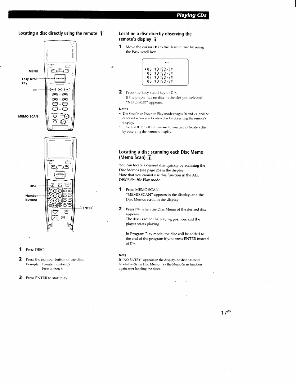 Locating a disc directly using the remote, Playing cds | Sony CDP-CX88ES User Manual | Page 17 / 34