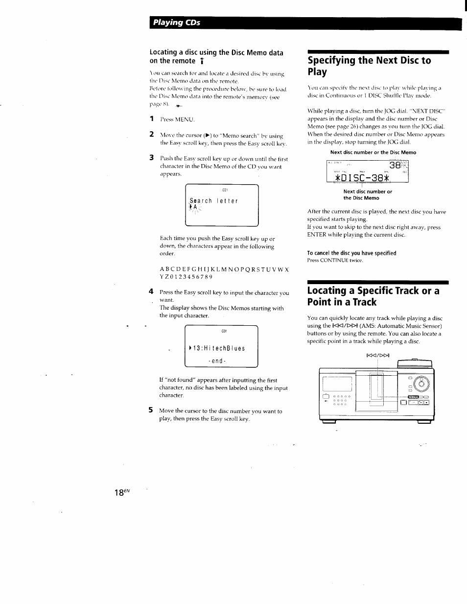 Specifying the next disc to play, Locating a specific track or a point in a track, Tülsc-sst | Playing cds | Sony CDP-CX88ES User Manual | Page 18 / 34