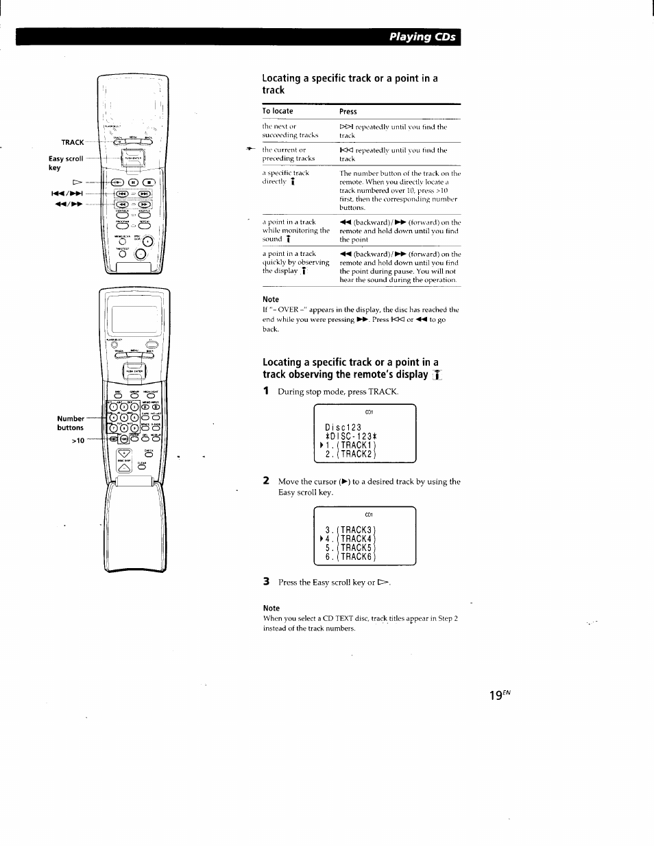 Locating a specific track or a point in a track, Playing cds | Sony CDP-CX88ES User Manual | Page 19 / 34