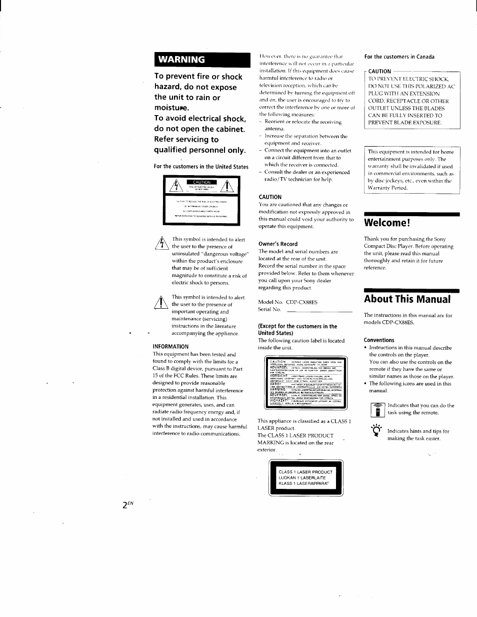 Welcome, About this manual, Warning | Sony CDP-CX88ES User Manual | Page 2 / 34