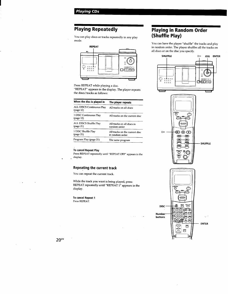 Playing repeatedly, Repeating the current track, Playing in random order (shuffle play) | Playing cds | Sony CDP-CX88ES User Manual | Page 20 / 34