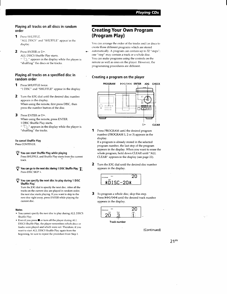 Playing all tracks on all discs in random order, Creating your own program (program play), Creating a program on the player | Cdi5c-20)k, Playing cds | Sony CDP-CX88ES User Manual | Page 21 / 34