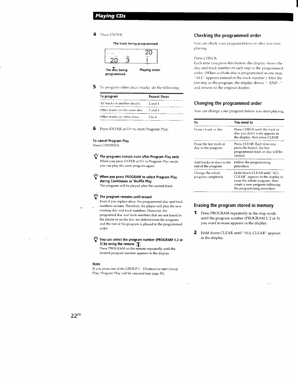 Checking the programmed order, Changing the programmed order, Erasing the program stored in memory | Playing cds | Sony CDP-CX88ES User Manual | Page 22 / 34