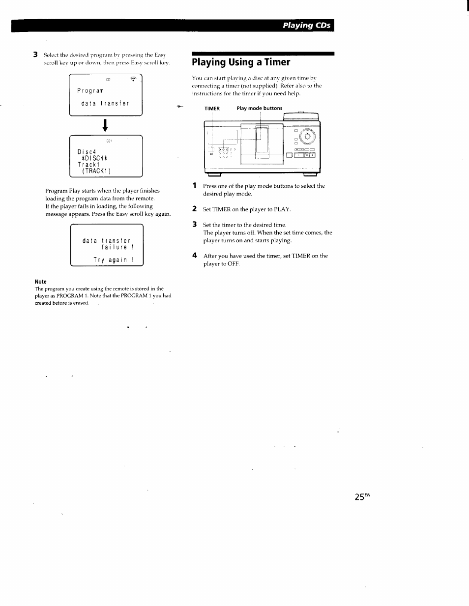 Playing using a timer, Playing cds | Sony CDP-CX88ES User Manual | Page 25 / 34