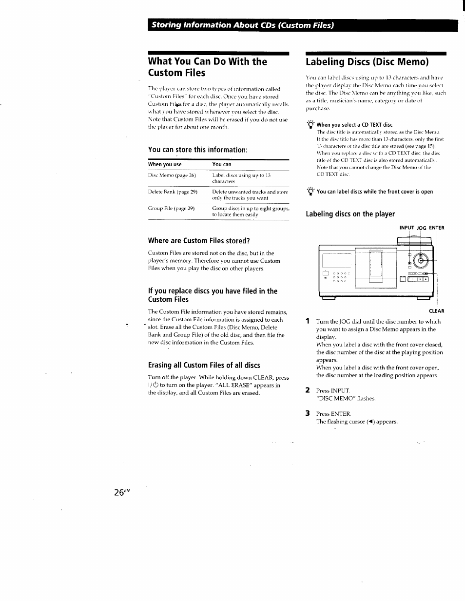 What you can do with the custom files, You can store this information, Where are custom files stored | Erasing all custom files of all discs, Labeling discs (disc memo), Labeling discs on the player, Storing information about cds (custom files) | Sony CDP-CX88ES User Manual | Page 26 / 34