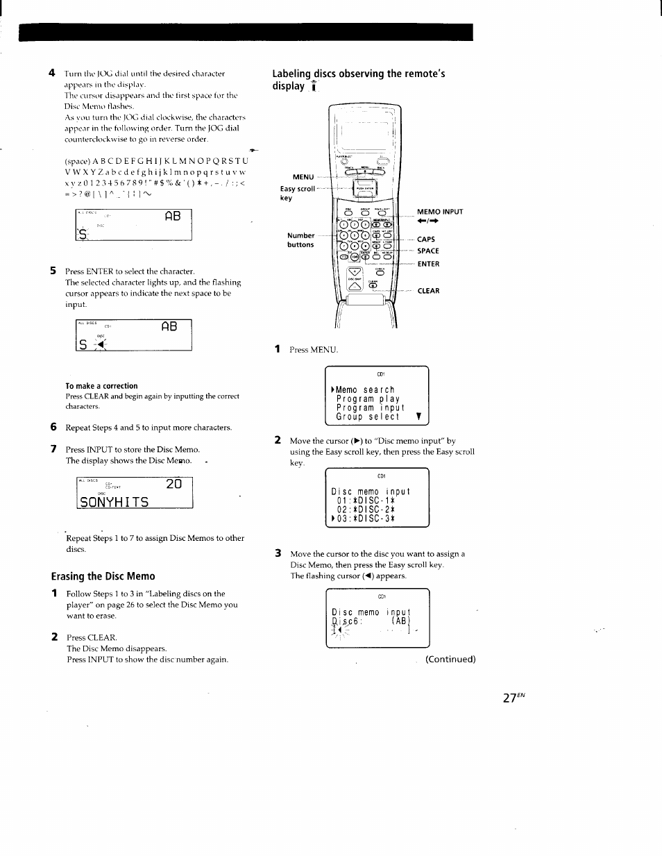 Labeling discs observing the remote's display t, Erasing the disc memo, Flb s_zl | Nyhit | Sony CDP-CX88ES User Manual | Page 27 / 34