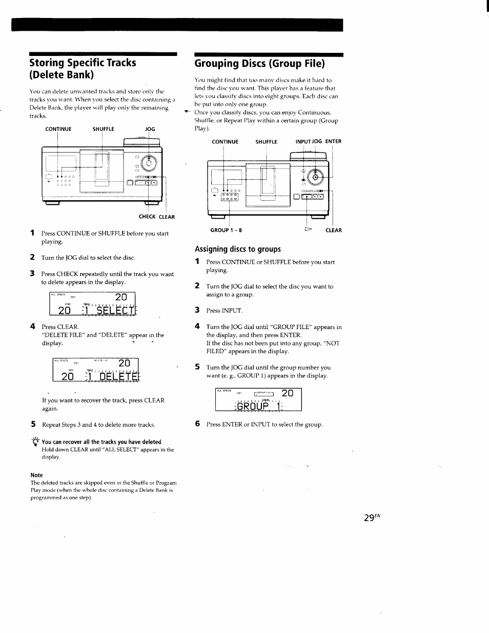 Storing specific tracks (delete bank), Grouping discs (group file), Assigning discs to groups | 20 -:i delets, I3r0up, 1 | Sony CDP-CX88ES User Manual | Page 29 / 34