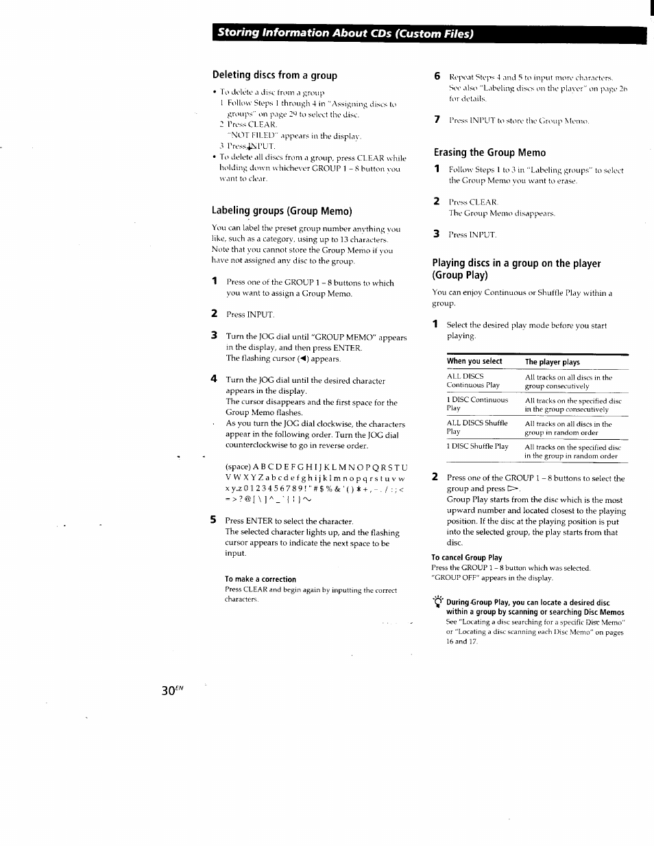 Deleting discs from a group, Labeling groups (group memo), Erasing the group memo | Storing information about cds (custom files) | Sony CDP-CX88ES User Manual | Page 30 / 34