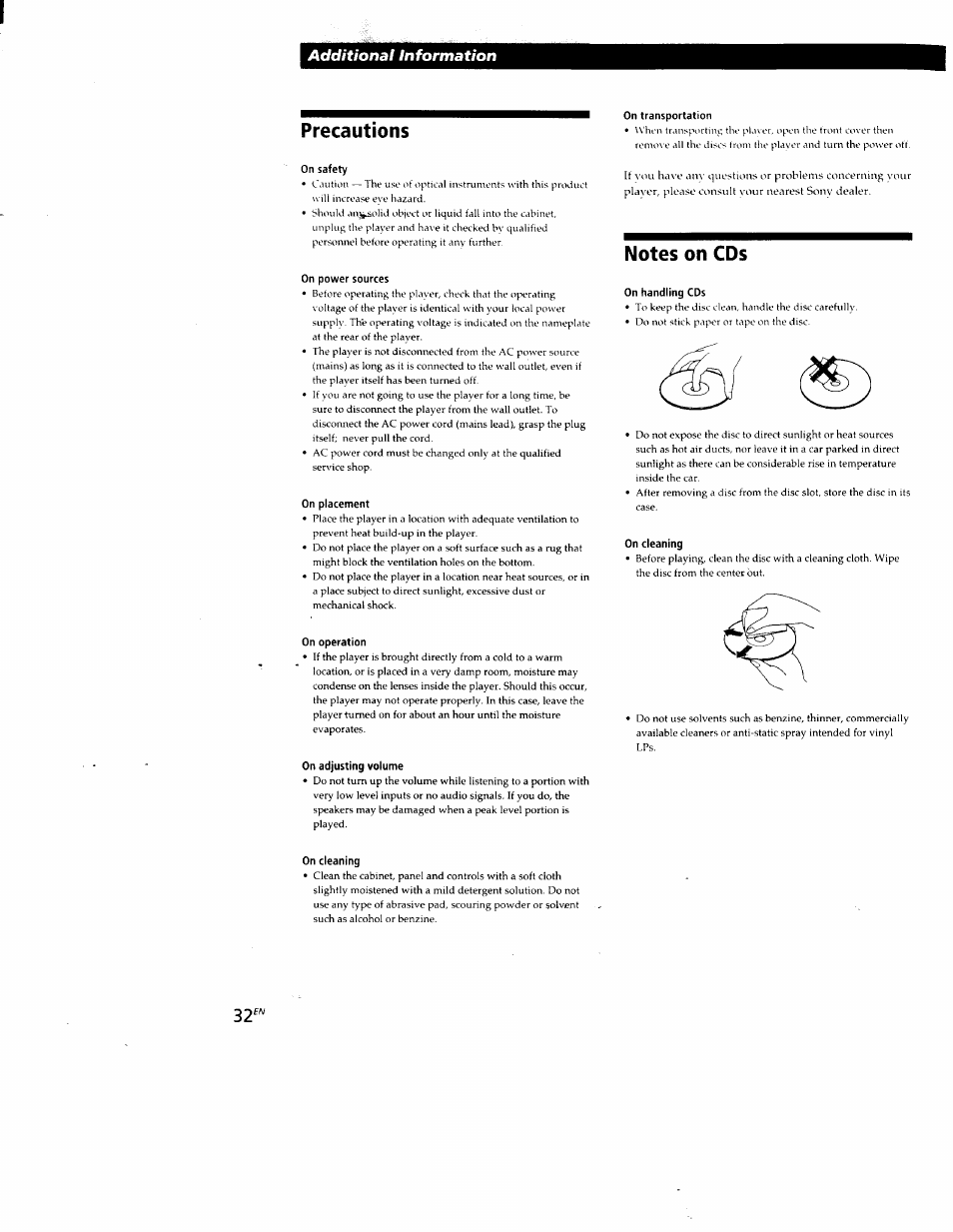 Precautions, Notes on cds, Precautions notes on cds | Additional information | Sony CDP-CX88ES User Manual | Page 32 / 34