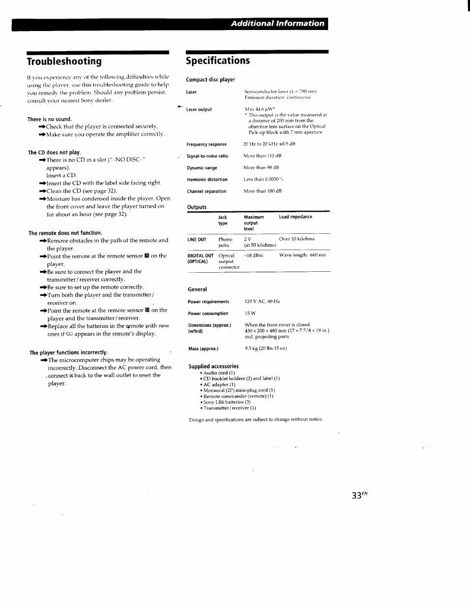 Troubleshooting, Specifications, Additional information | Sony CDP-CX88ES User Manual | Page 33 / 34