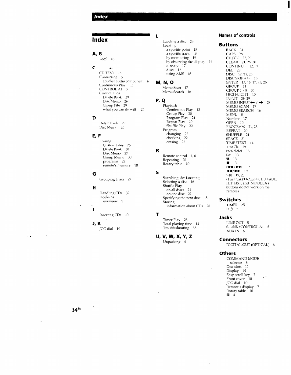 M, n, o, P. q, U, v, w, x, y. z | Names of controls buttons, Switches, Jacks, Connectors, Others, Index | Sony CDP-CX88ES User Manual | Page 34 / 34