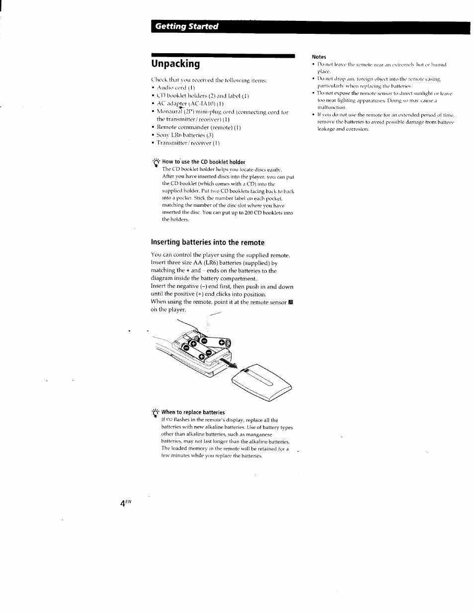 Unpacking, Inserting batteries into the remote, Getting started | Sony CDP-CX88ES User Manual | Page 4 / 34