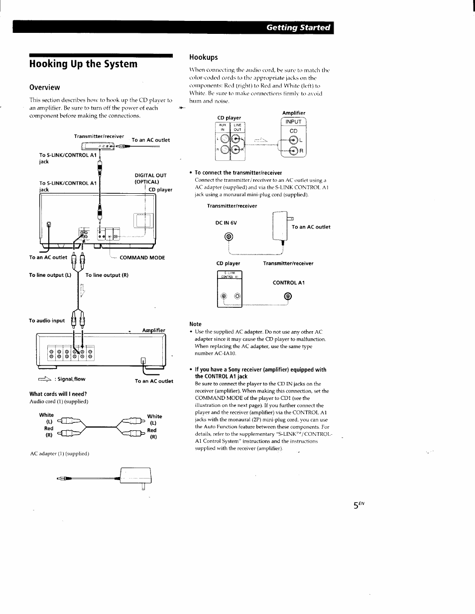 Hooking up the system, Overview, Hookups | Getting started | Sony CDP-CX88ES User Manual | Page 5 / 34