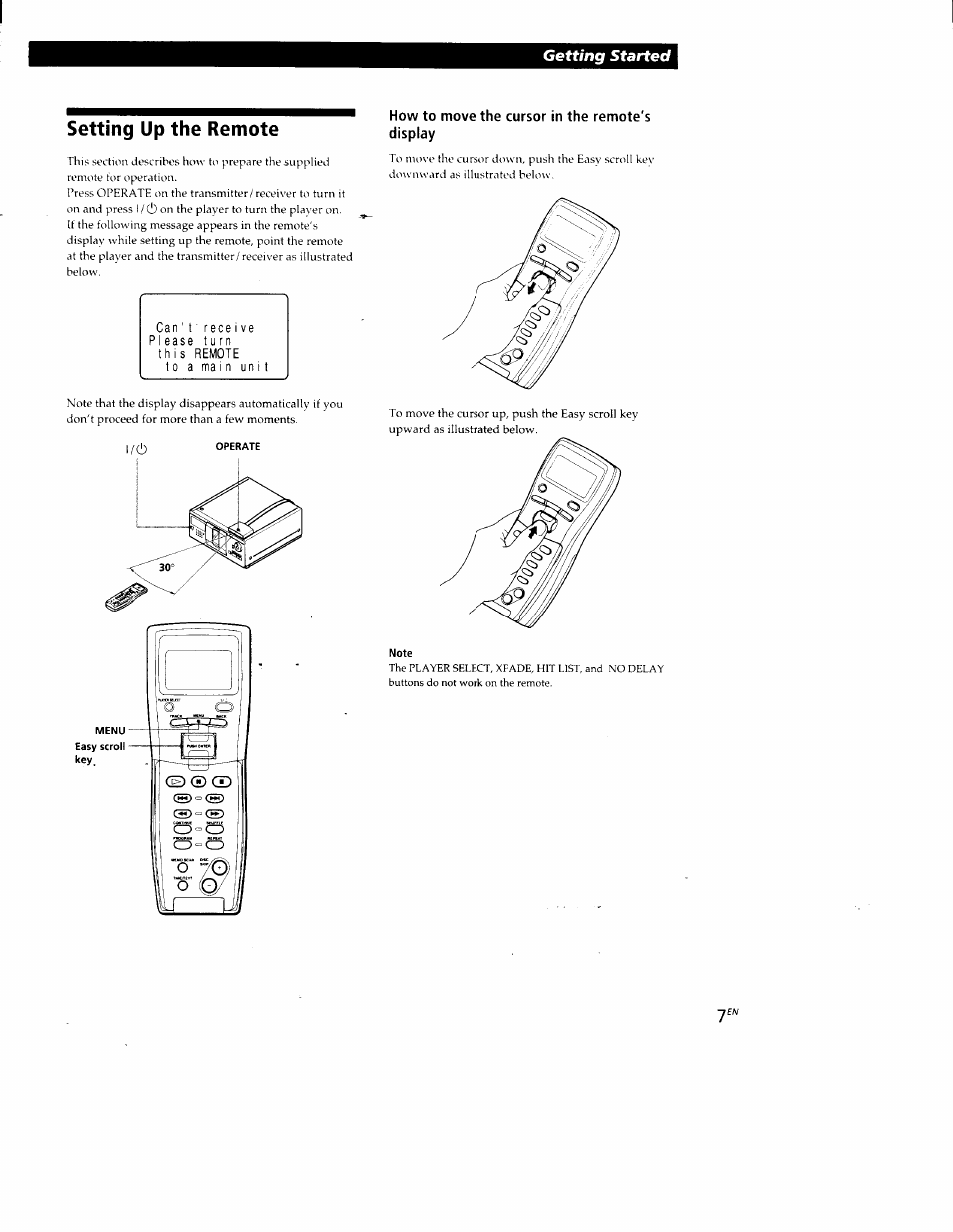 Setting up the remote, How to move the cursor in the remote's display, Getting started | Sony CDP-CX88ES User Manual | Page 7 / 34