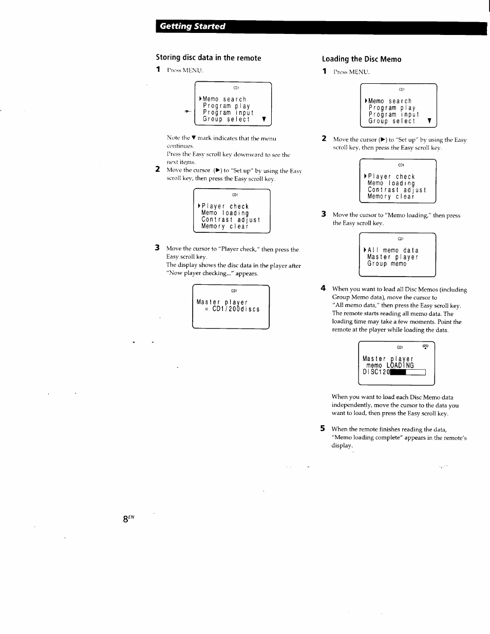 Storing disc data in the remote, Getting started | Sony CDP-CX88ES User Manual | Page 8 / 34