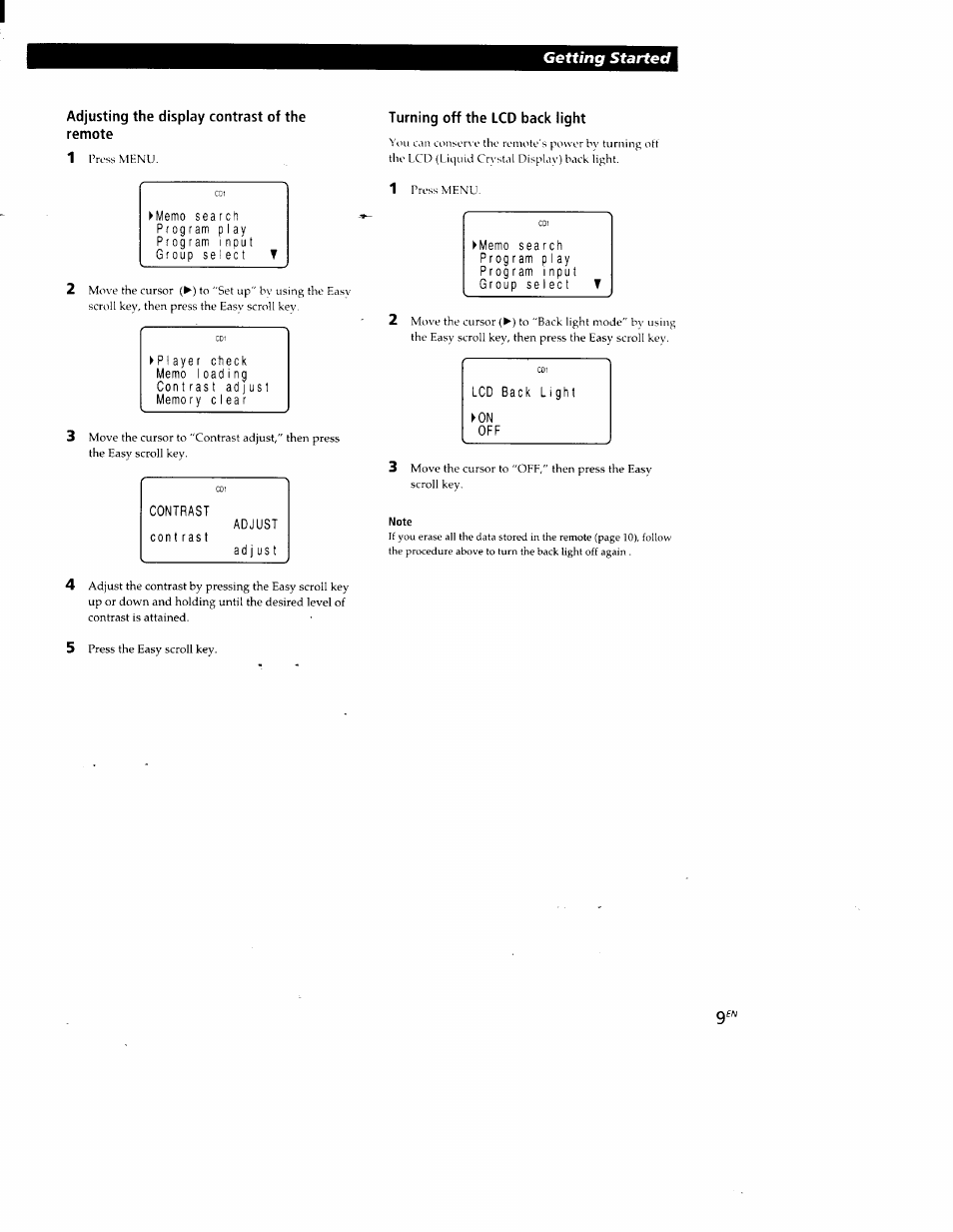 Adjusting the display contrast of the remote, Turning off the lcd back light, Getting started | Sony CDP-CX88ES User Manual | Page 9 / 34