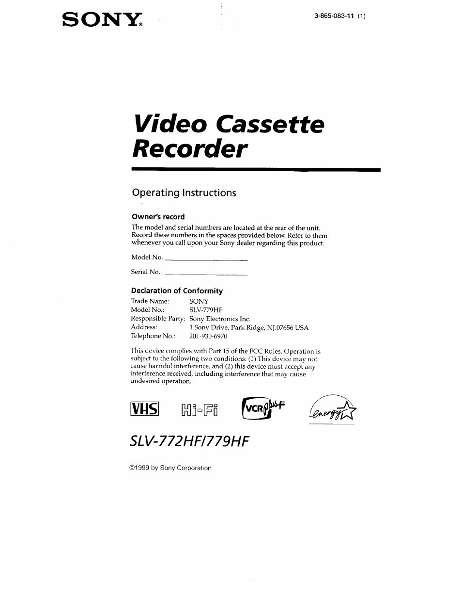 Sony SLV-779HF User Manual | 100 pages