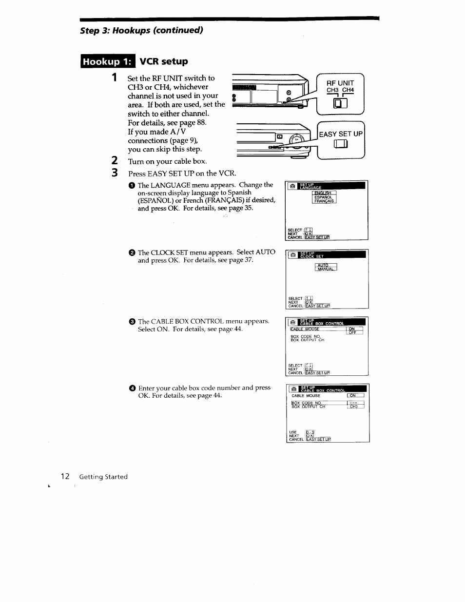 Hookup 1, Vcr setup, Hookup 1: vcr setup | Step 3: hookups (continued) | Sony SLV-779HF User Manual | Page 12 / 100