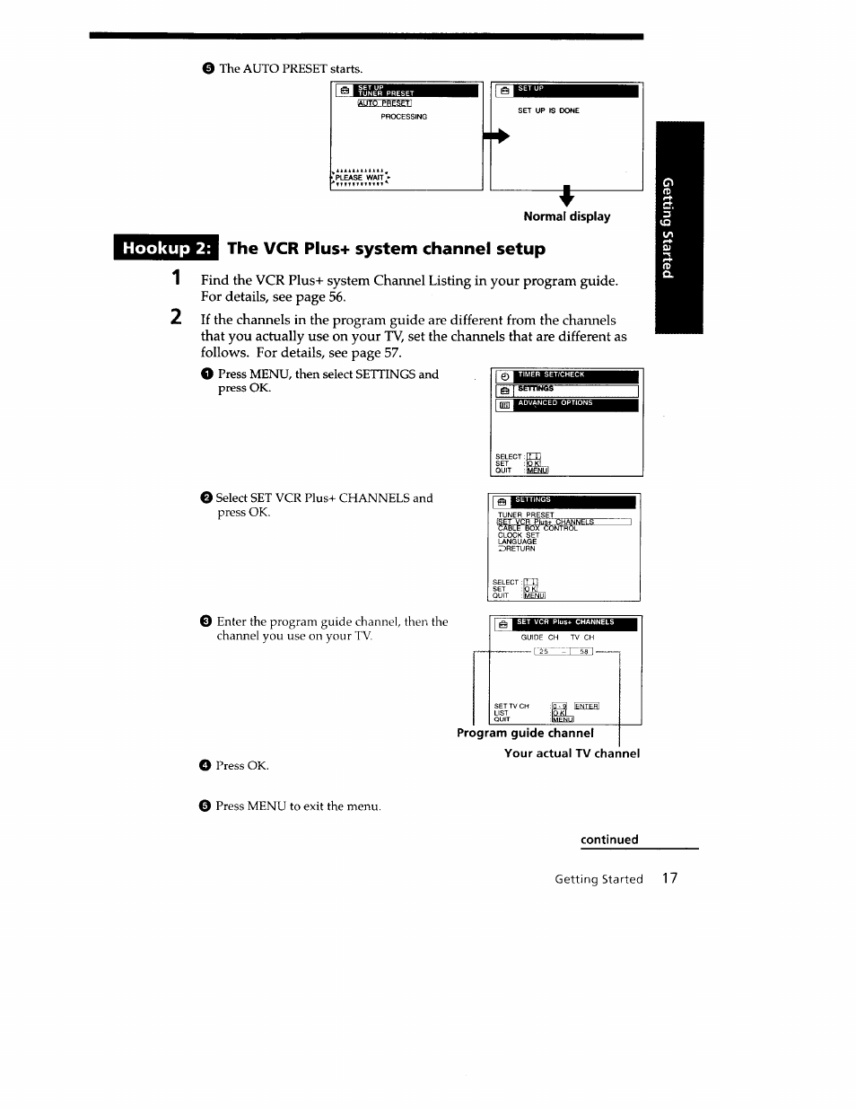 The vcr plus+ system channel setup, Hookup 2, Normal display | Sony SLV-779HF User Manual | Page 17 / 100