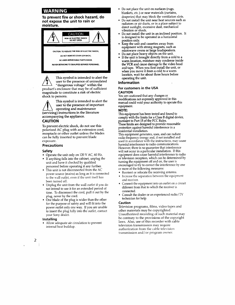 Warning, Caution, Precautions | Information | Sony SLV-779HF User Manual | Page 2 / 100