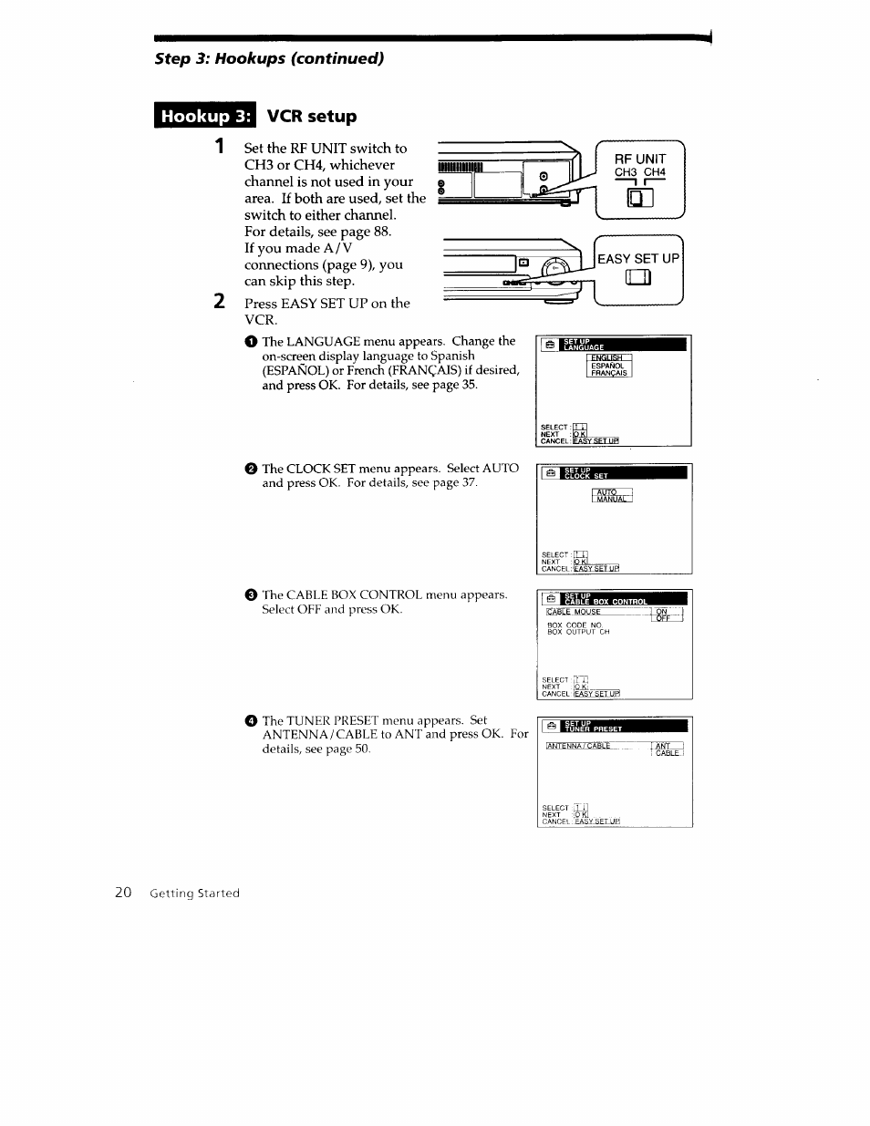 Hookup 3, Vcr setup, Hookup 3: vcr setup | Step 3: hookups (continued) | Sony SLV-779HF User Manual | Page 20 / 100