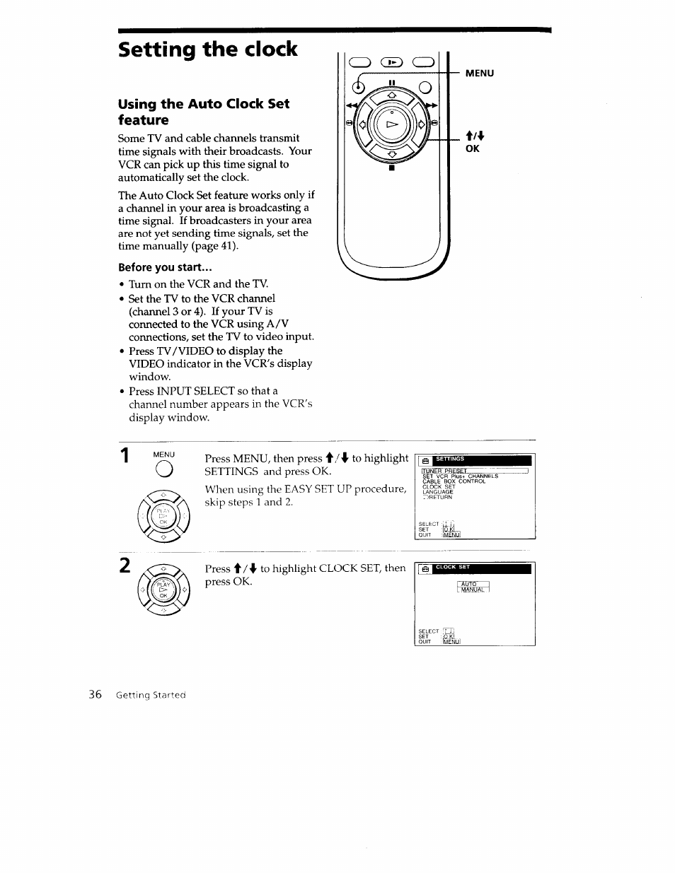 Setting the clock, Using the auto clock set feature, Before you start | Sony SLV-779HF User Manual | Page 36 / 100