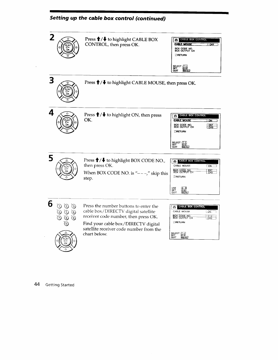 Setting up the cable box control (continued), Getting started | Sony SLV-779HF User Manual | Page 44 / 100