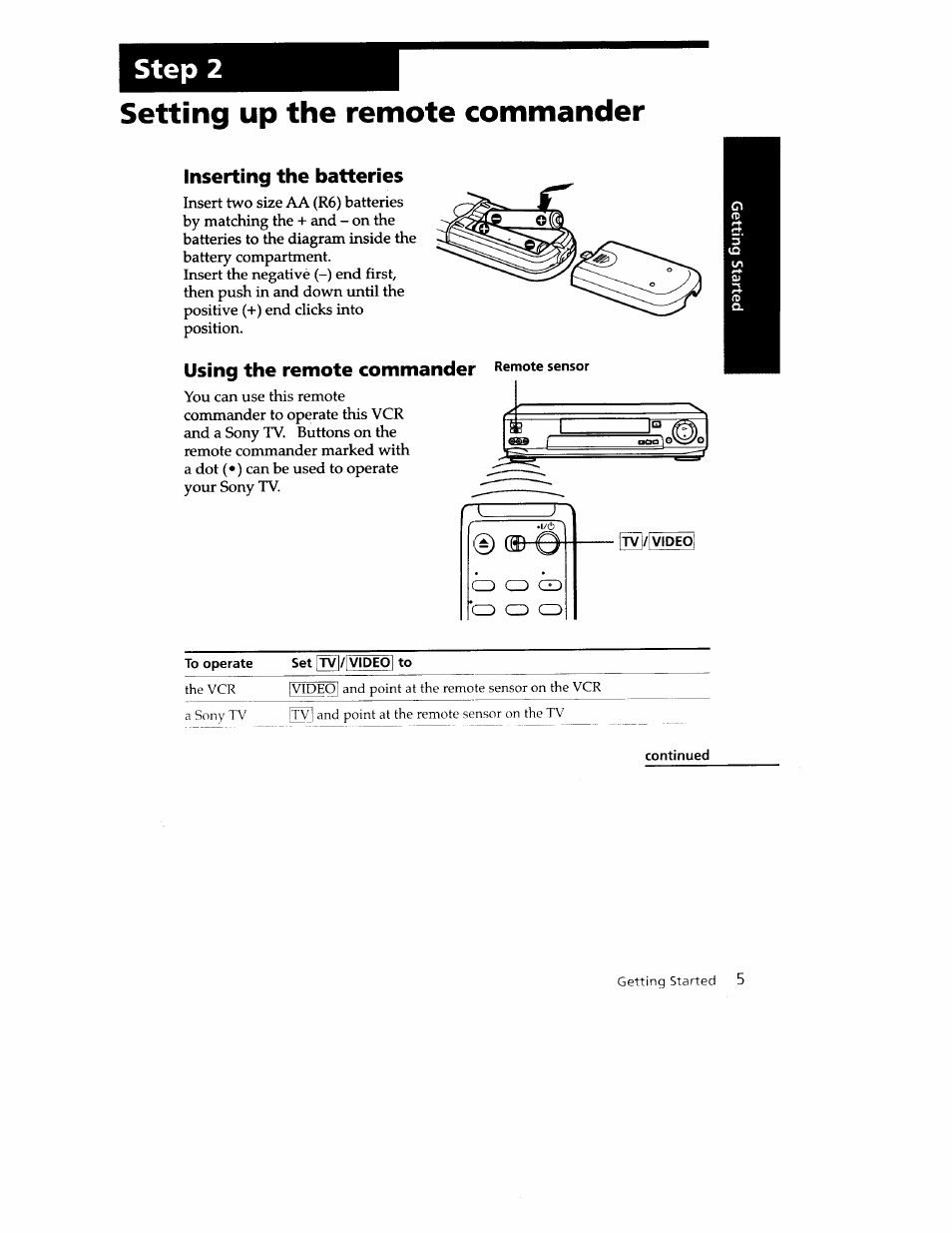 Step 2, Setting up the remote commander, Inserting the batteries | Using the remote commander | Sony SLV-779HF User Manual | Page 5 / 100